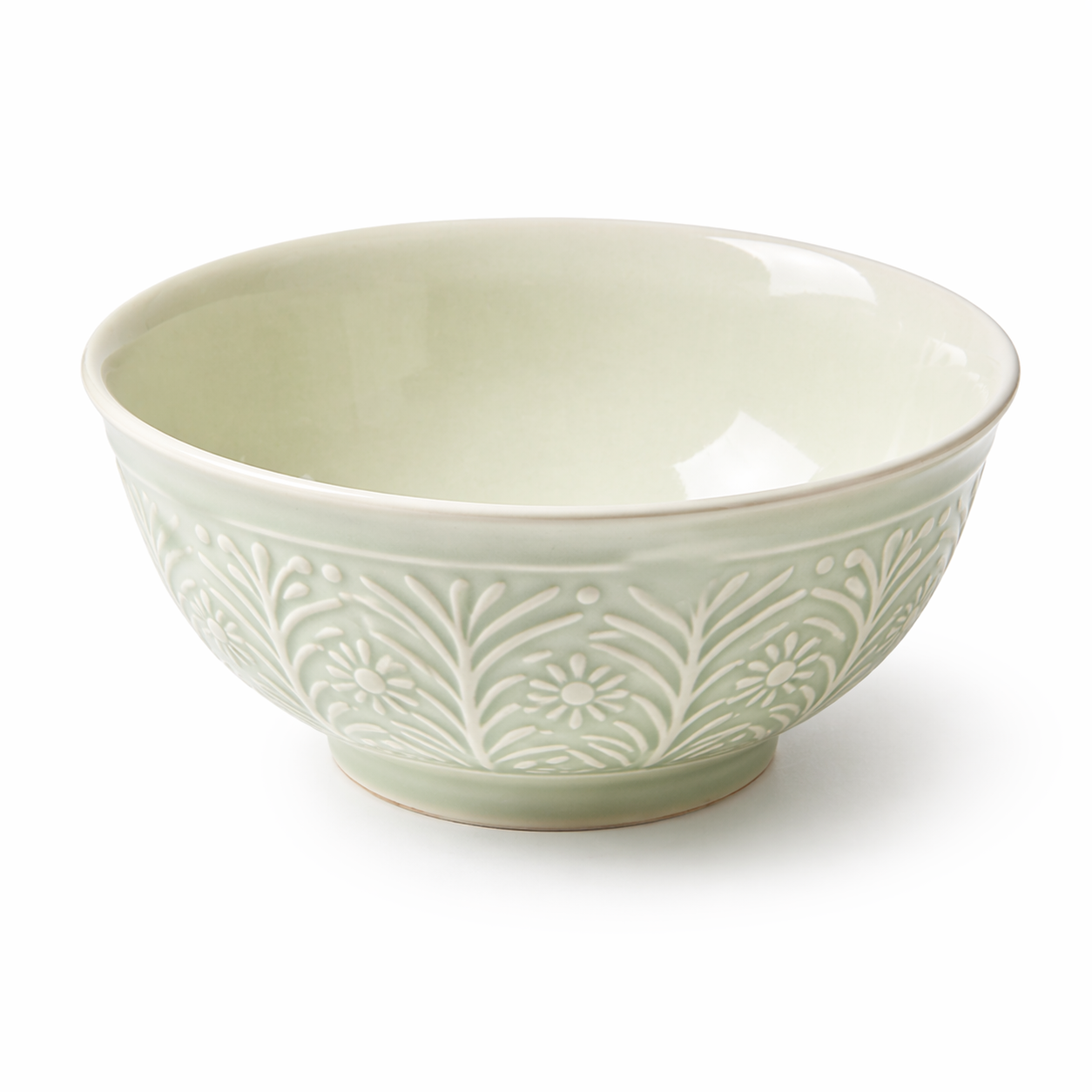 Embossed Floral Mint Green Ceramic Bowl