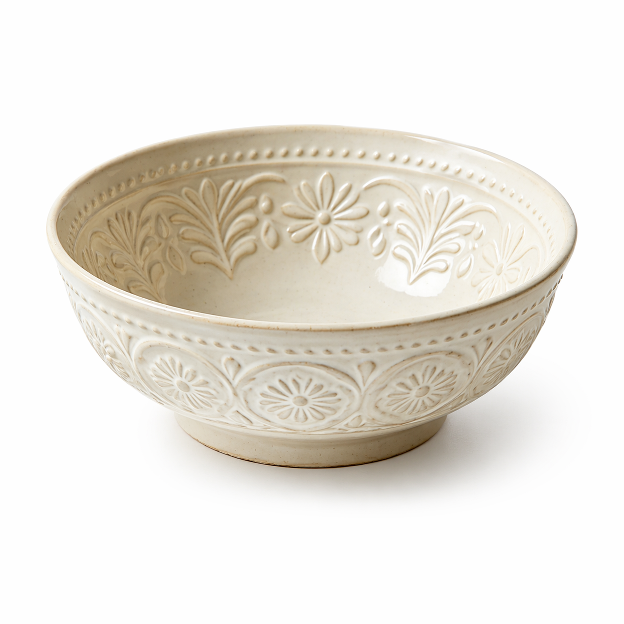 Embossed Floral Cream Ceramic Bowl
