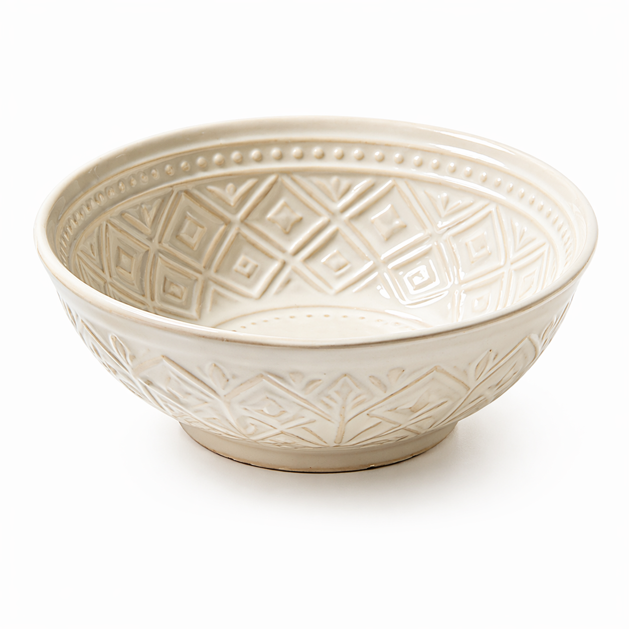 Embossed Geometric Cream Ceramic Bowl