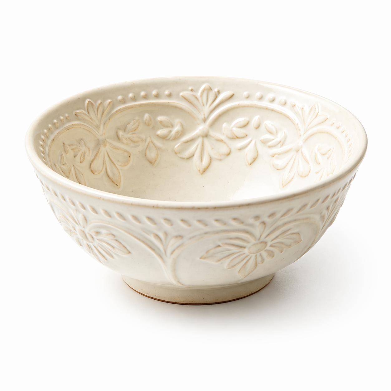 Embossed Botanical Cream Ceramic Bowl
