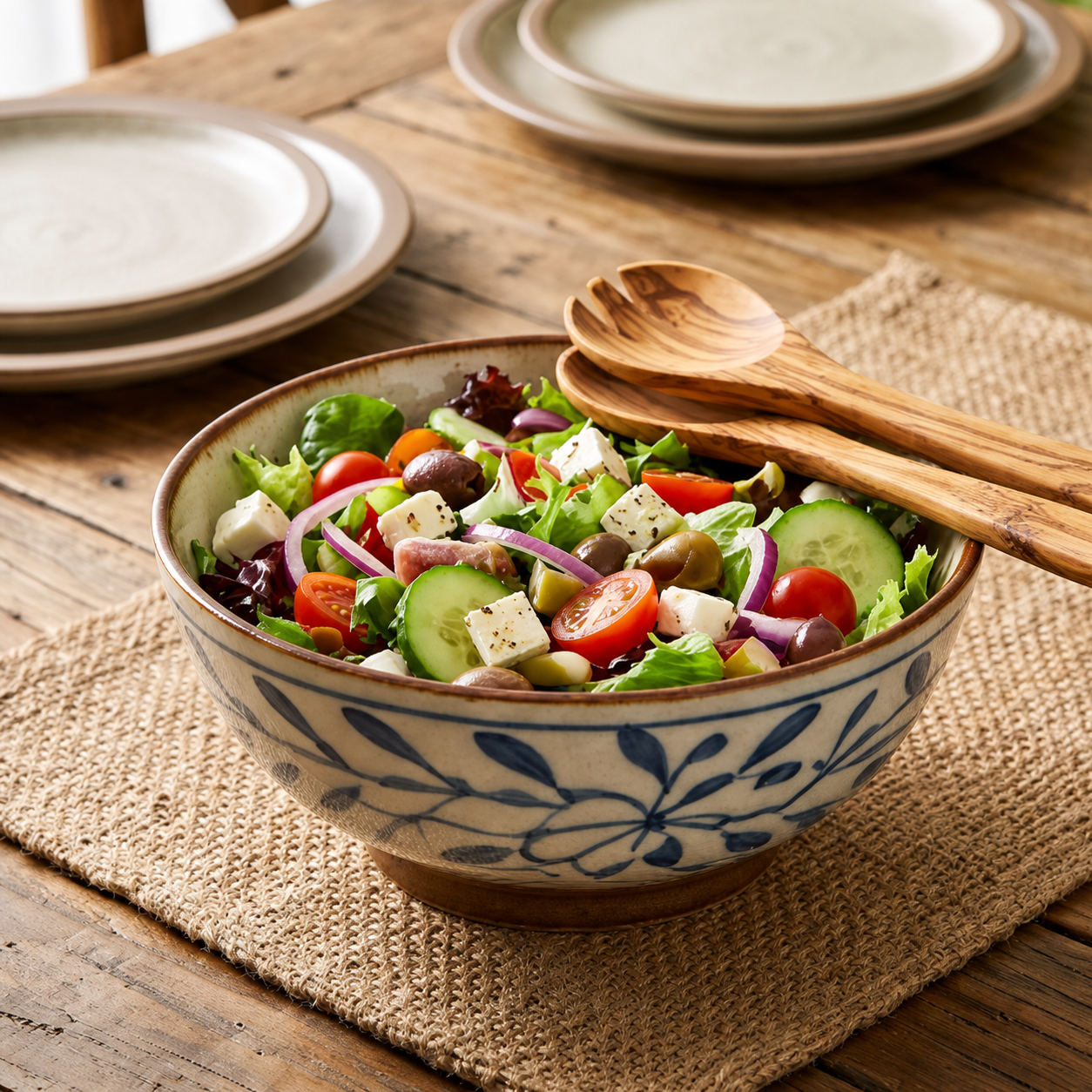 Artisan Blue Vine Ceramic Footed Bowl