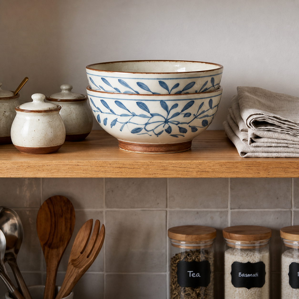 Artisan Blue Vine Ceramic Footed Bowl