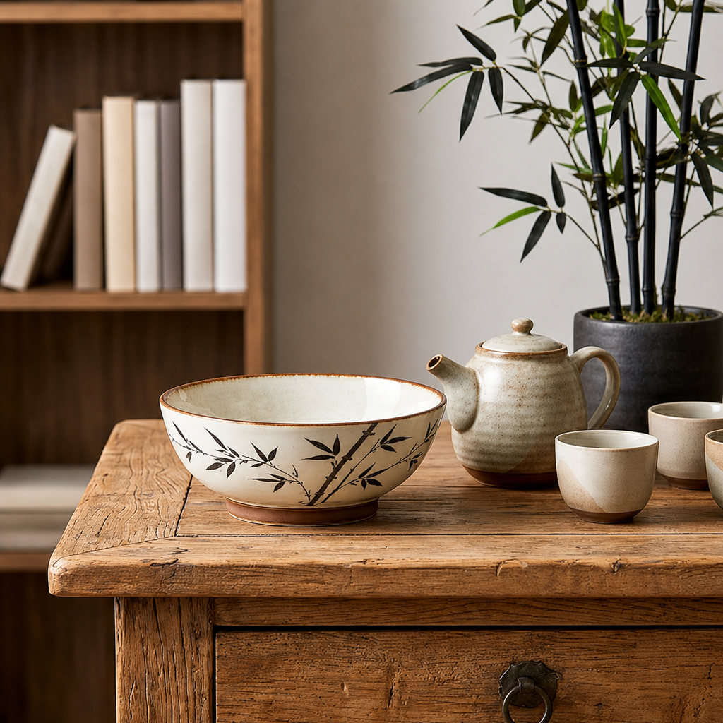 Zen Bamboo Ceramic Footed Bowl