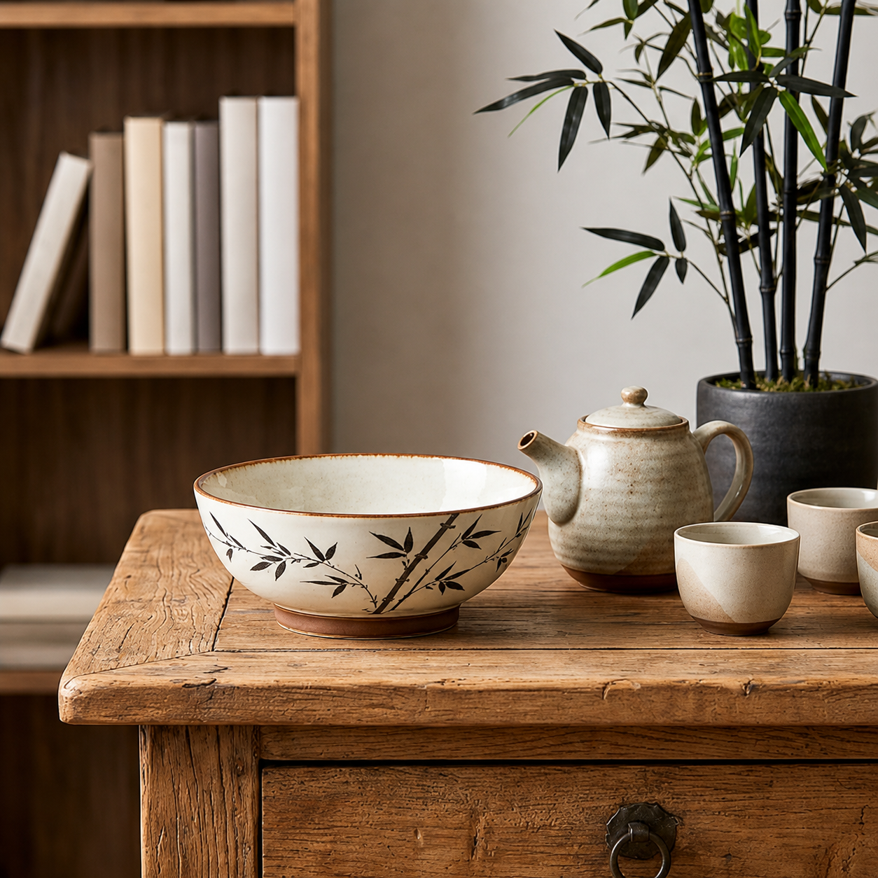 Zen Bamboo Ceramic Footed Bowl