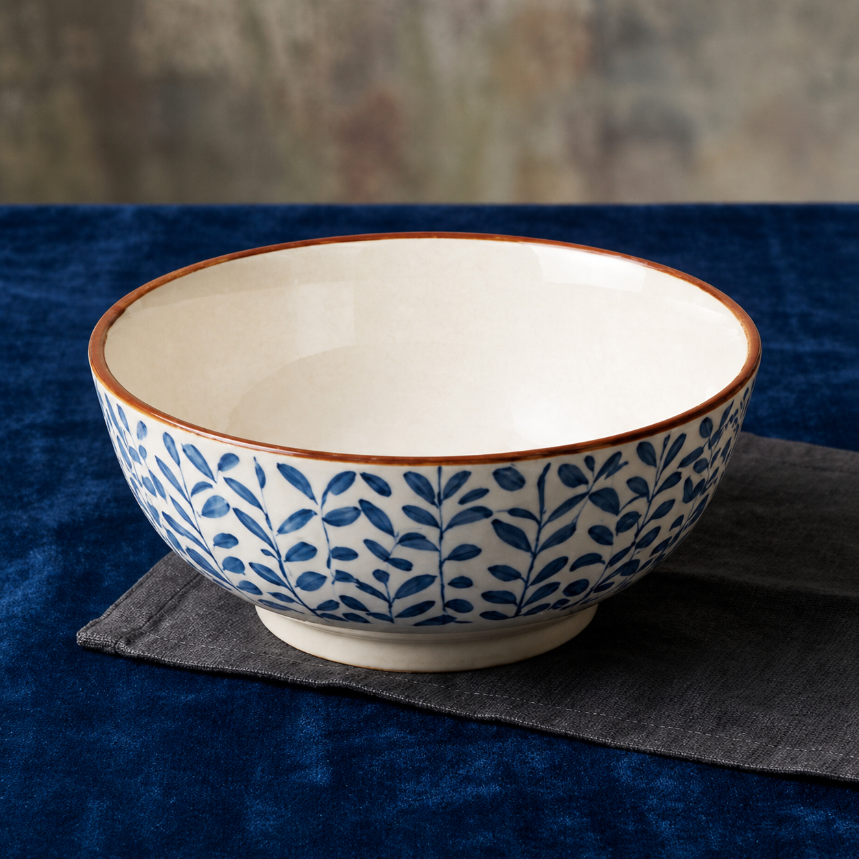 Rustic Blue Botanical Ceramic Bowl