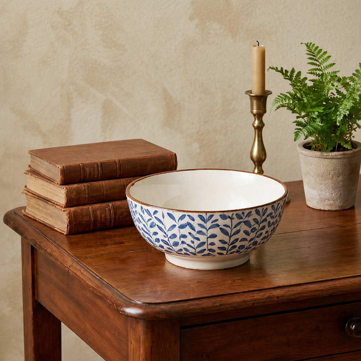 Rustic Blue Botanical Ceramic Bowl