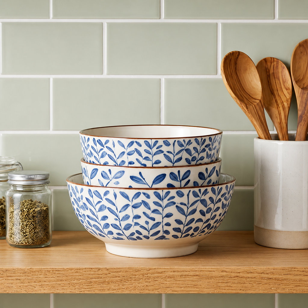 Rustic Blue Botanical Ceramic Bowl