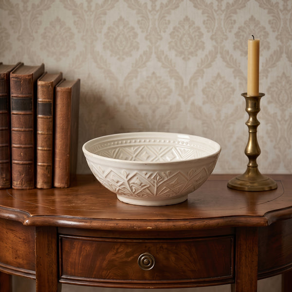 Embossed Geometric Cream Ceramic Bowl
