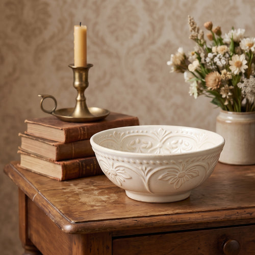Embossed Botanical Cream Ceramic Bowl