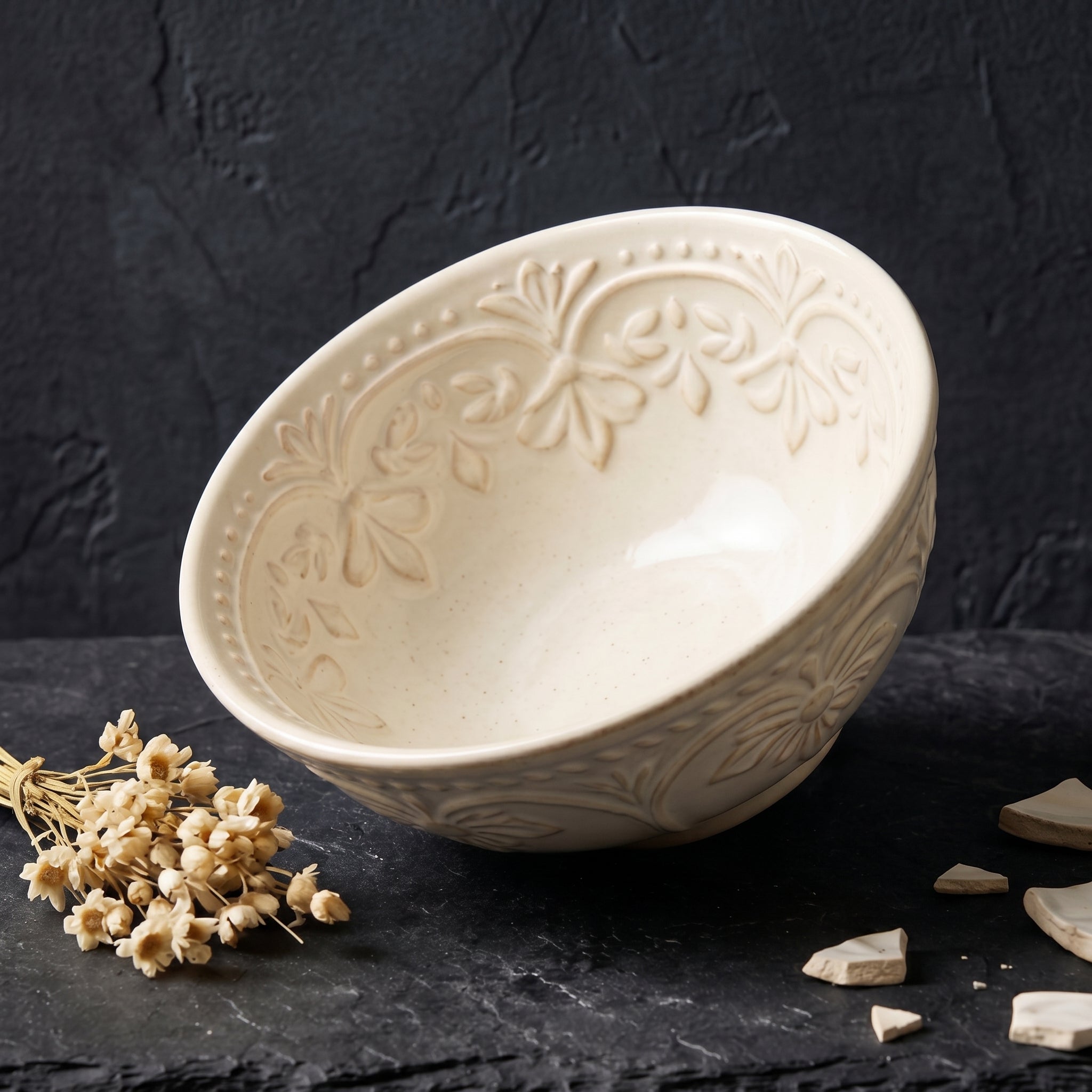 Embossed Botanical Cream Ceramic Bowl
