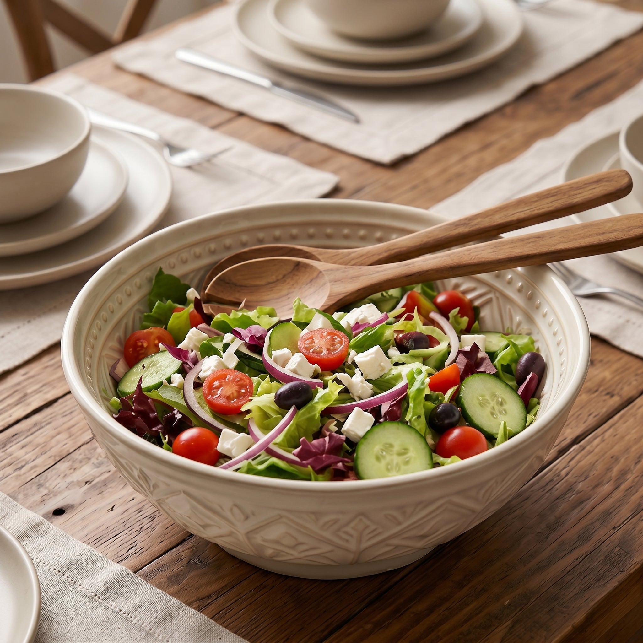 Embossed Geometric Cream Ceramic Bowl