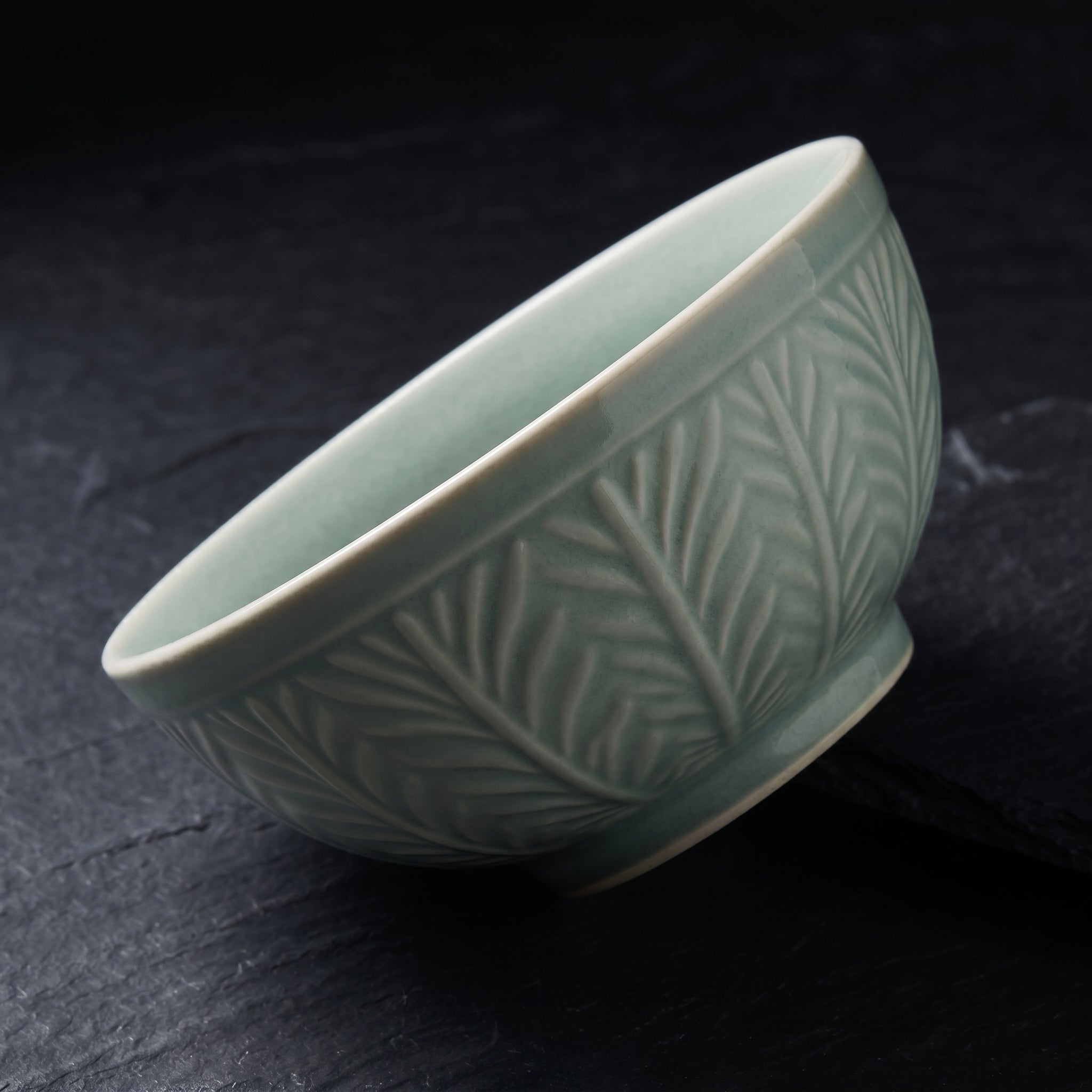 Embossed Botanical Muted Blue Ceramic Bowl