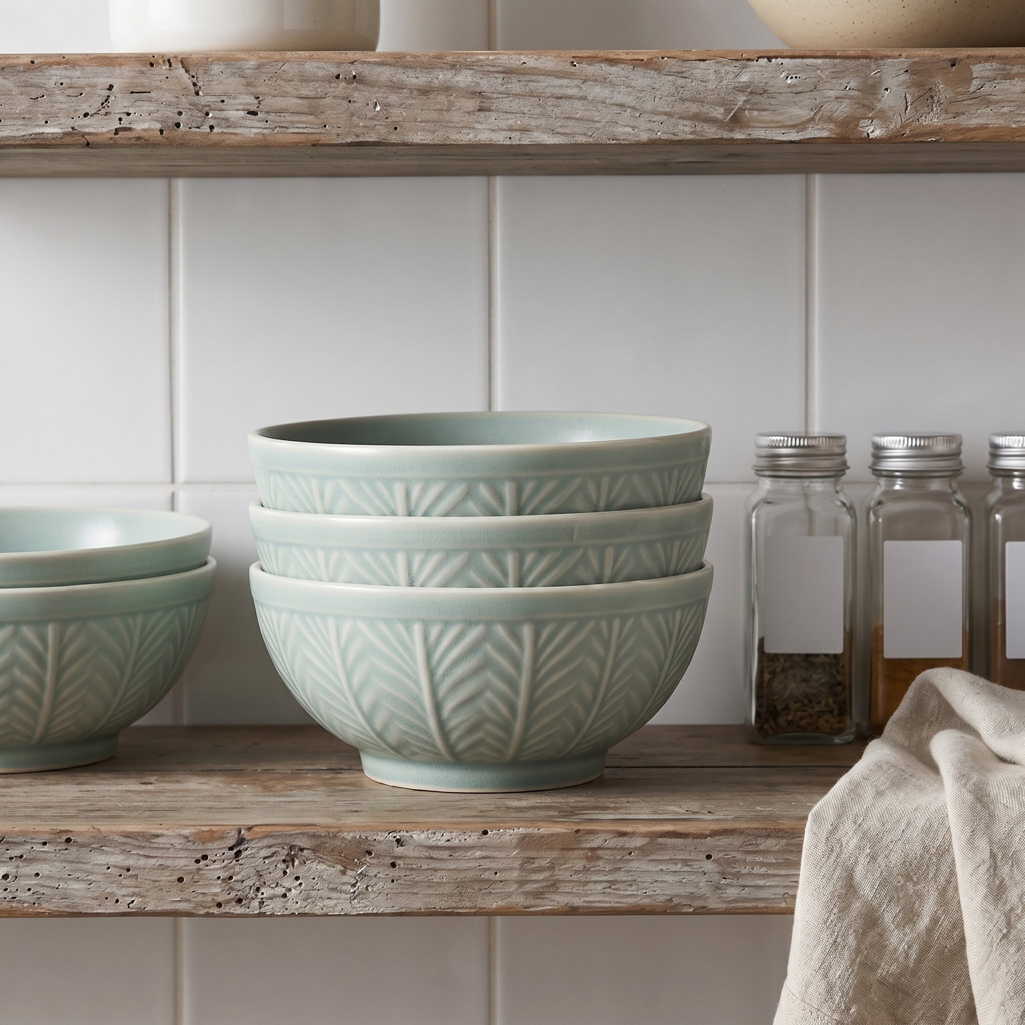 Embossed Botanical Muted Blue Ceramic Bowl
