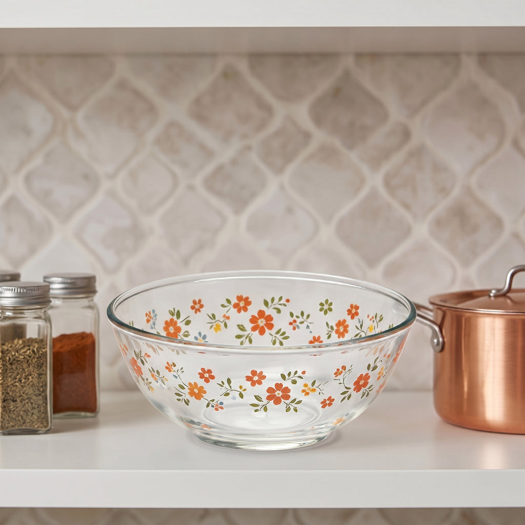 Vintage Floral Clear Glass Serving Bowl