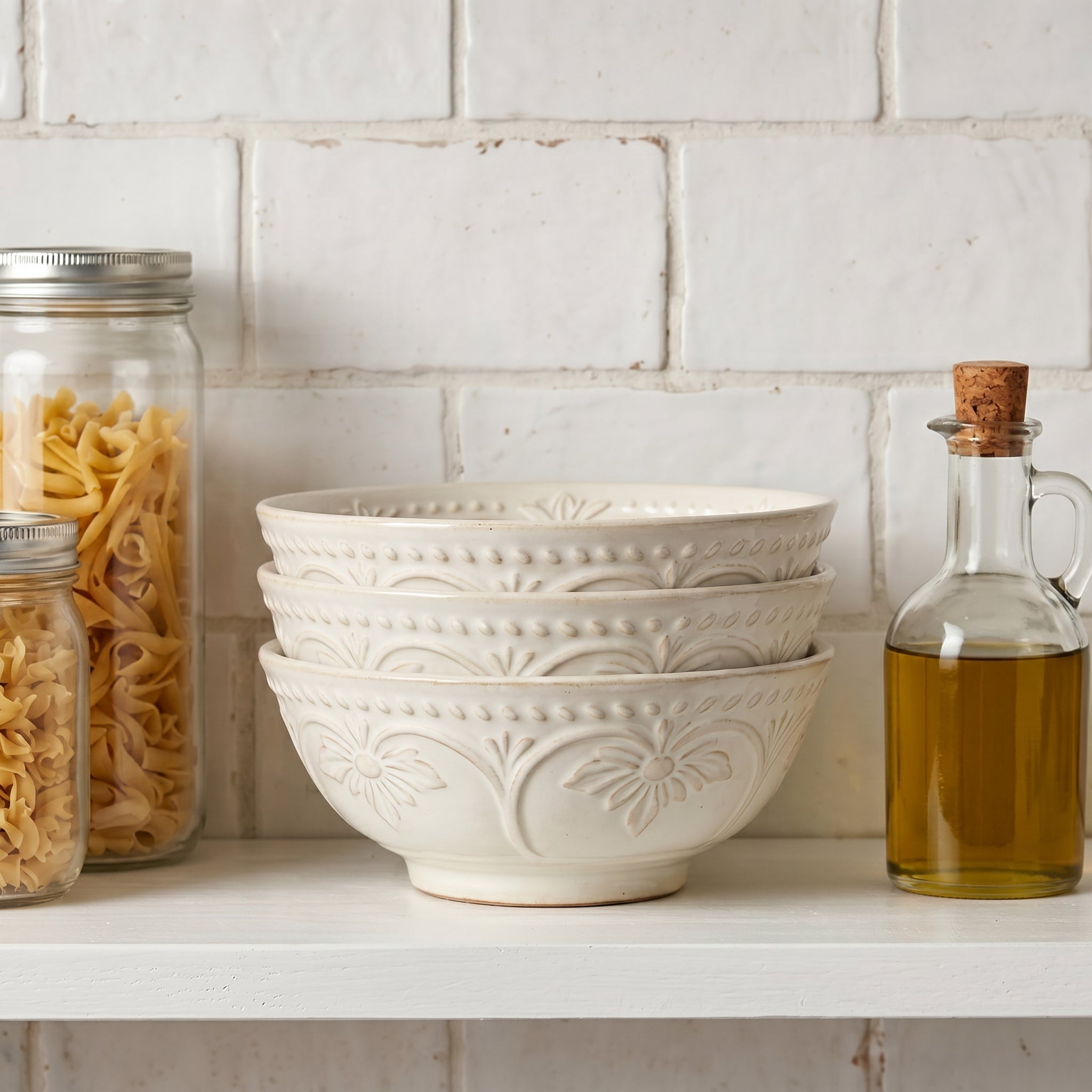 Embossed Floral Cream Ceramic Bowl