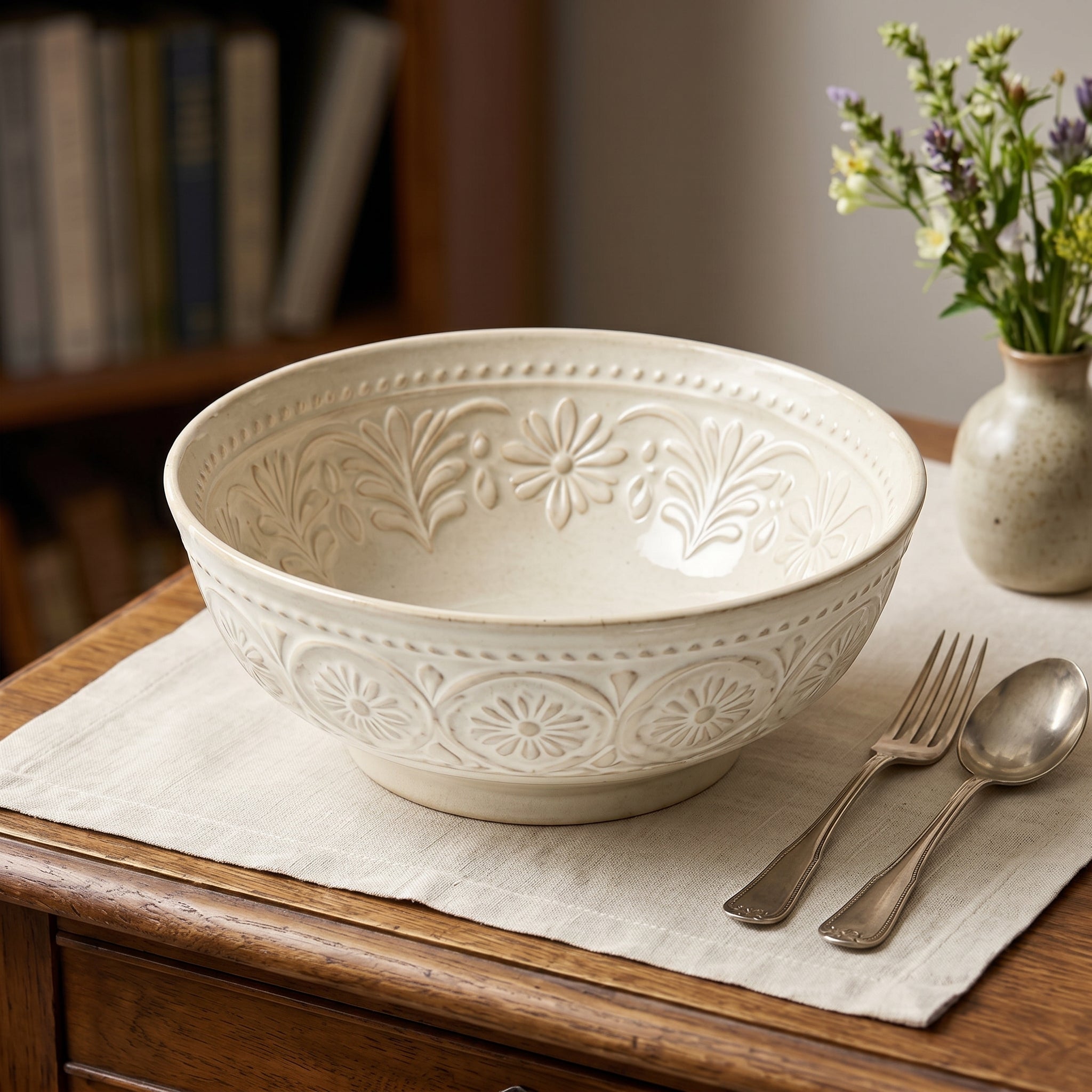 Embossed Floral Cream Ceramic Bowl