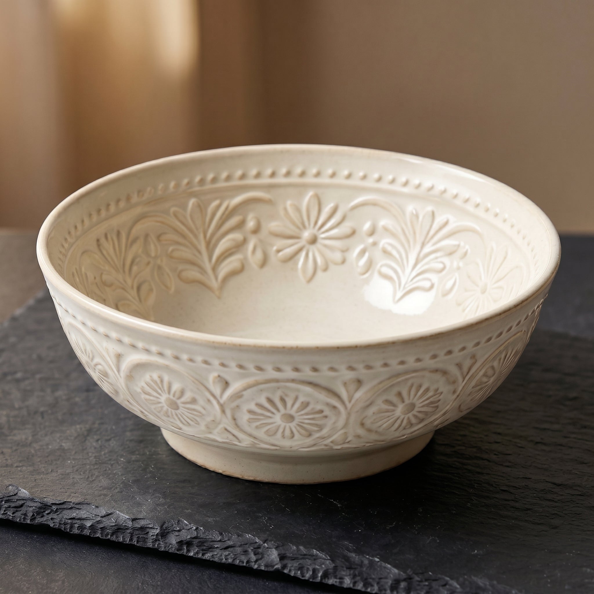 Embossed Floral Cream Ceramic Bowl
