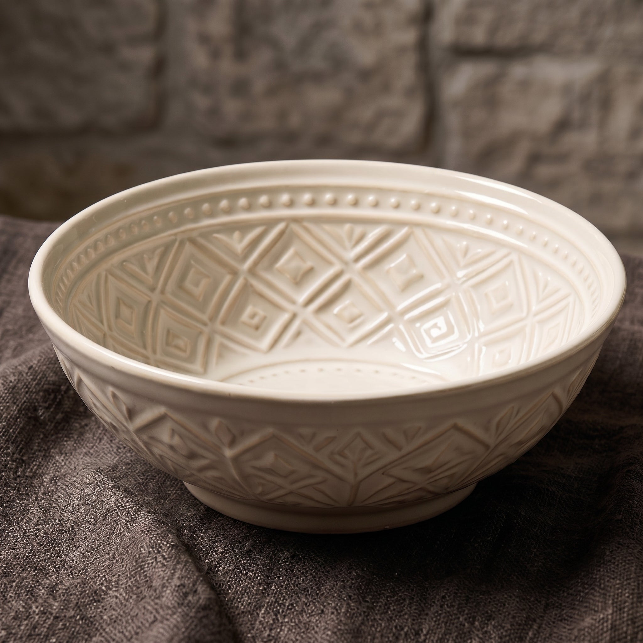 Embossed Geometric Cream Ceramic Bowl
