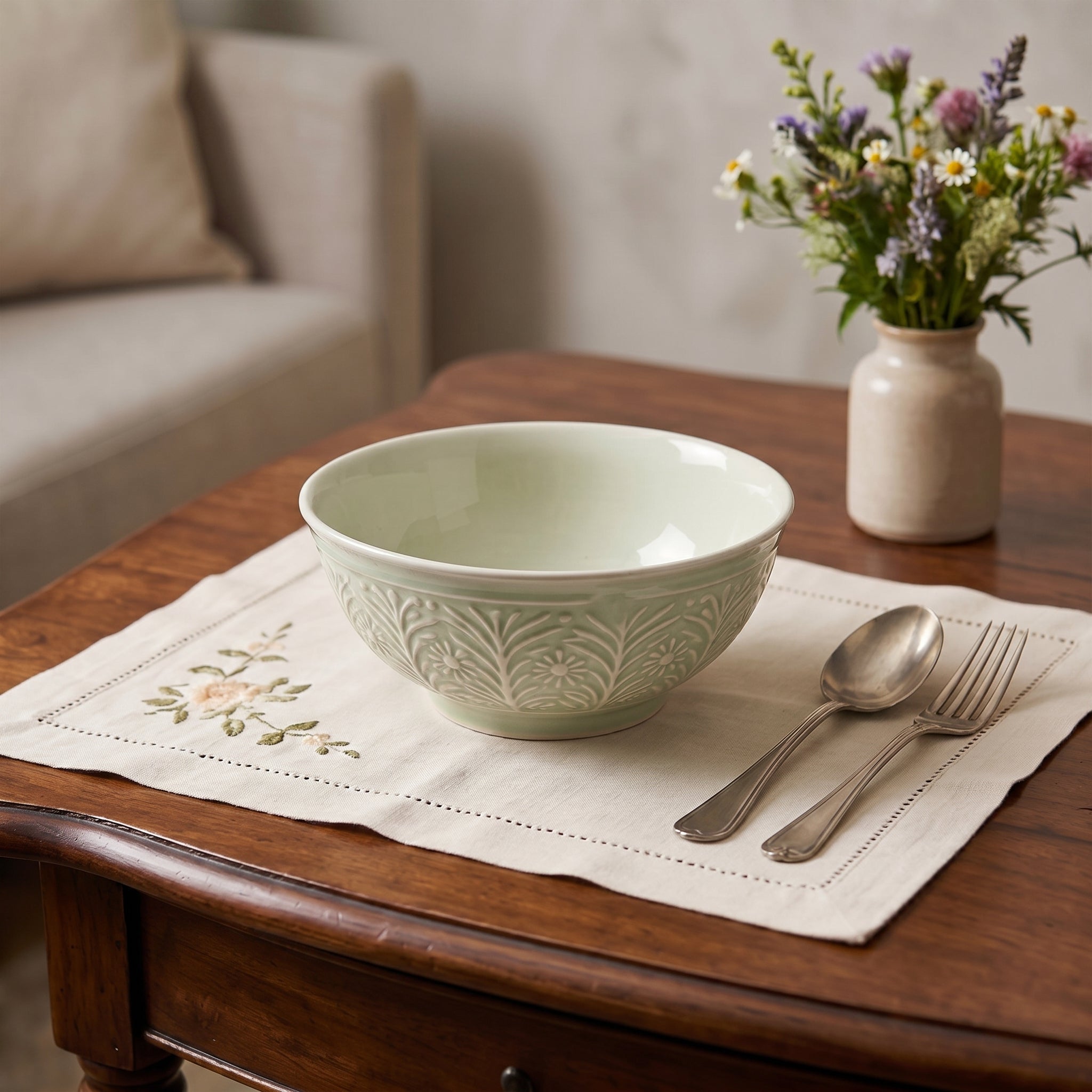 Embossed Floral Mint Green Ceramic Bowl