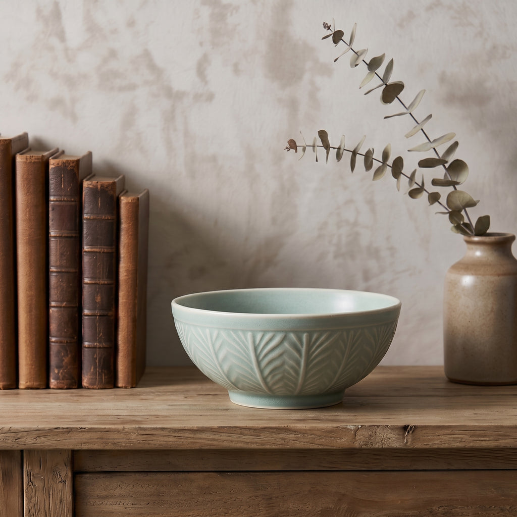 Embossed Botanical Muted Blue Ceramic Bowl