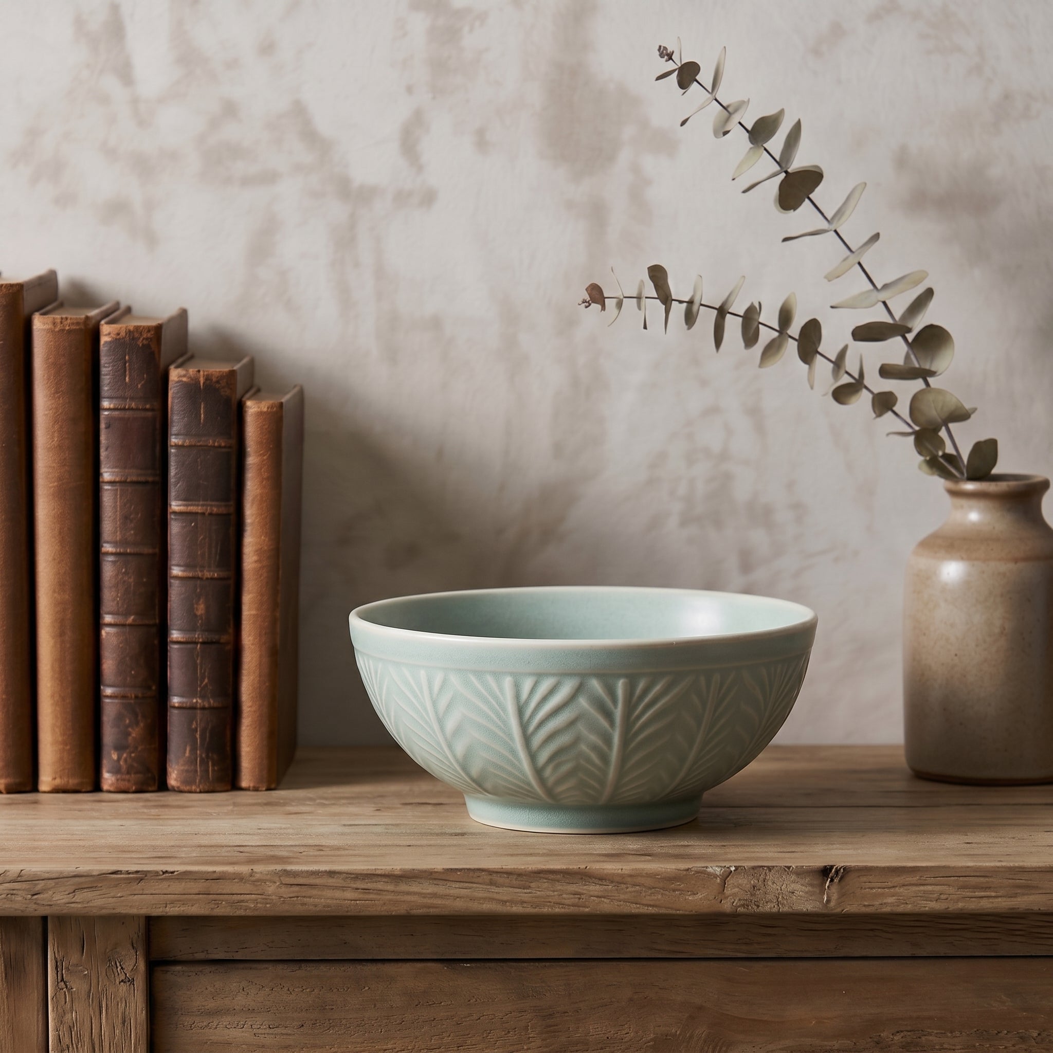 Embossed Botanical Muted Blue Ceramic Bowl