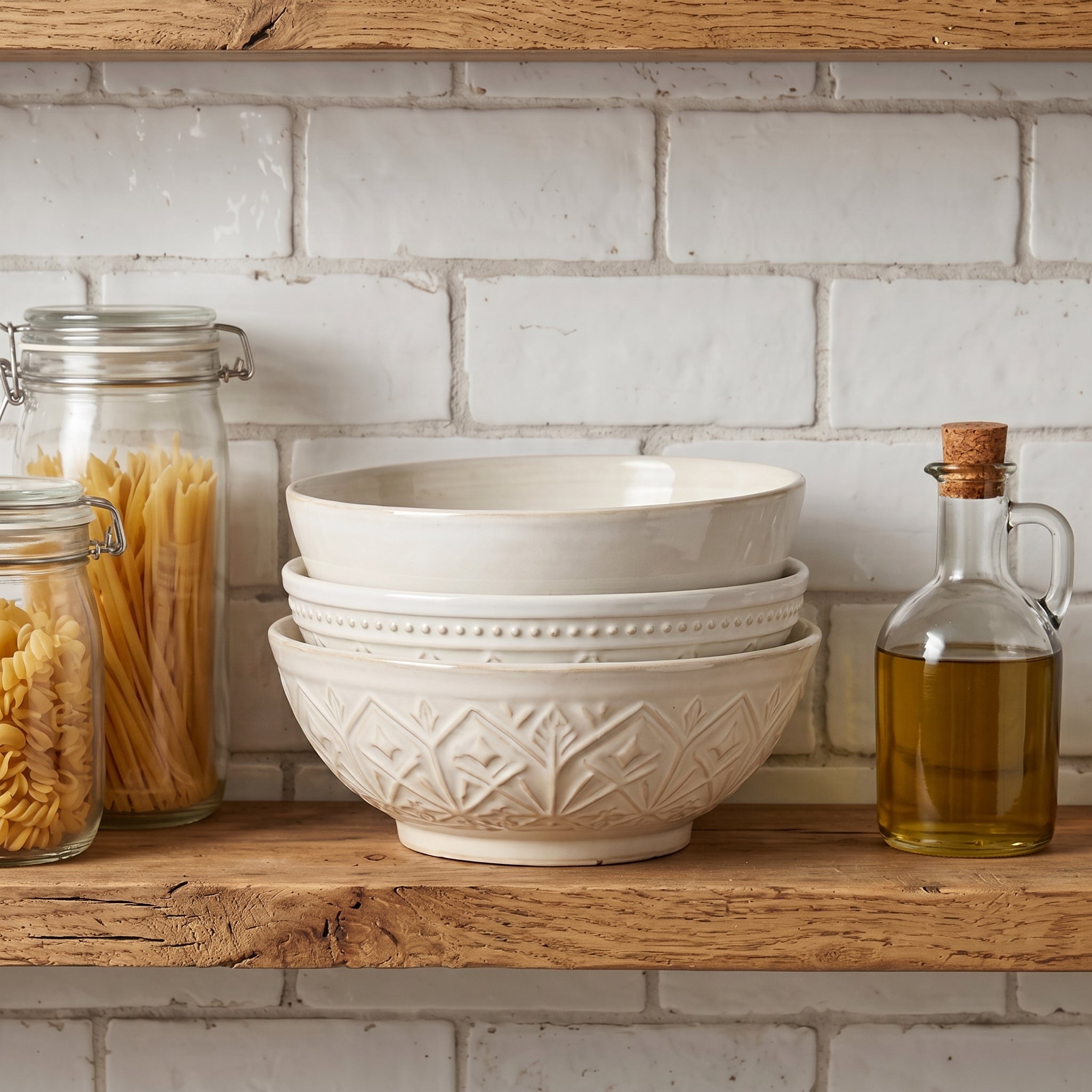 Embossed Geometric Cream Ceramic Bowl