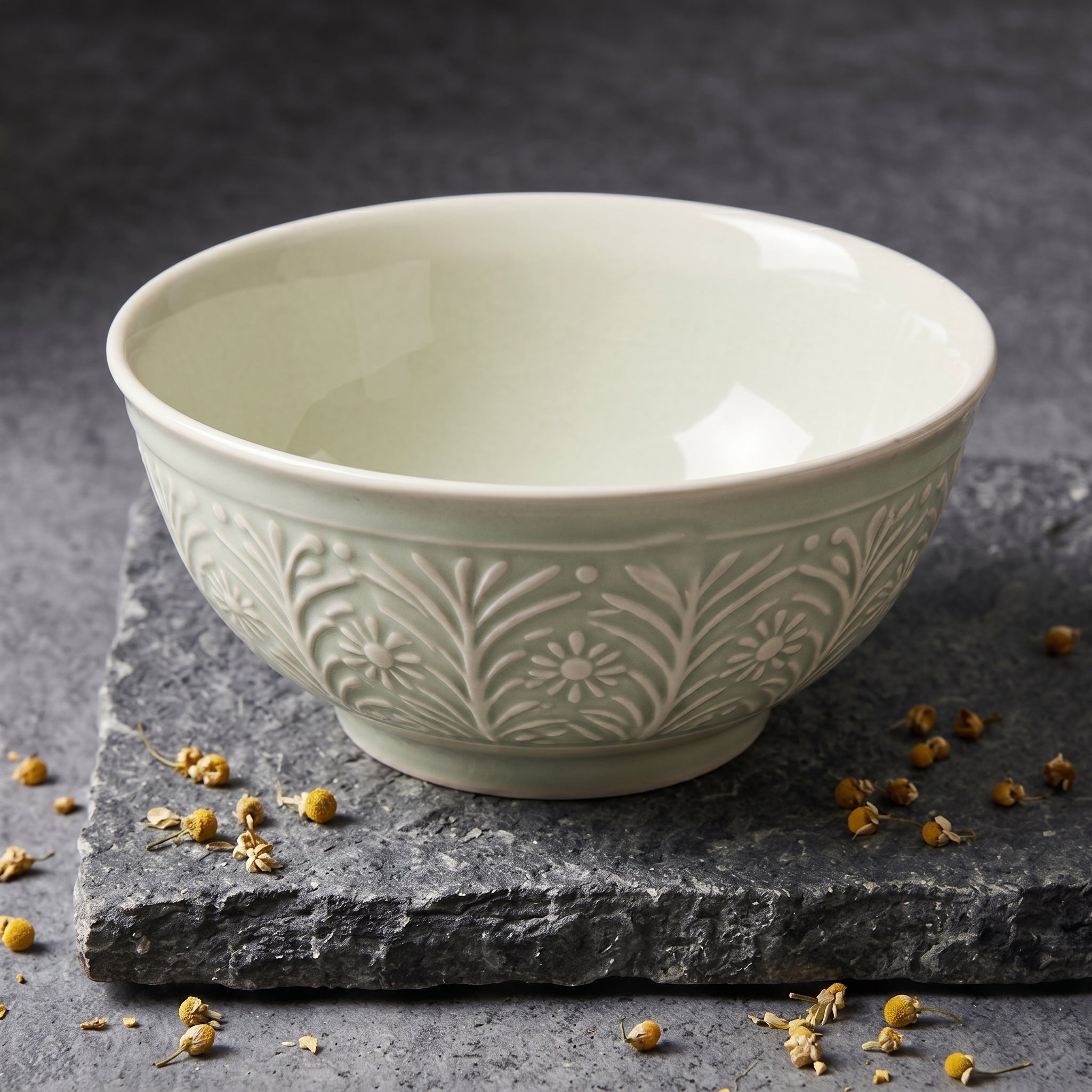 Embossed Floral Mint Green Ceramic Bowl